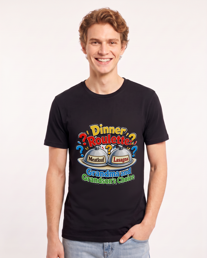 Dinner Roulette: Grandma and Grandson's Choice Men's Black T-Shirt product image 2