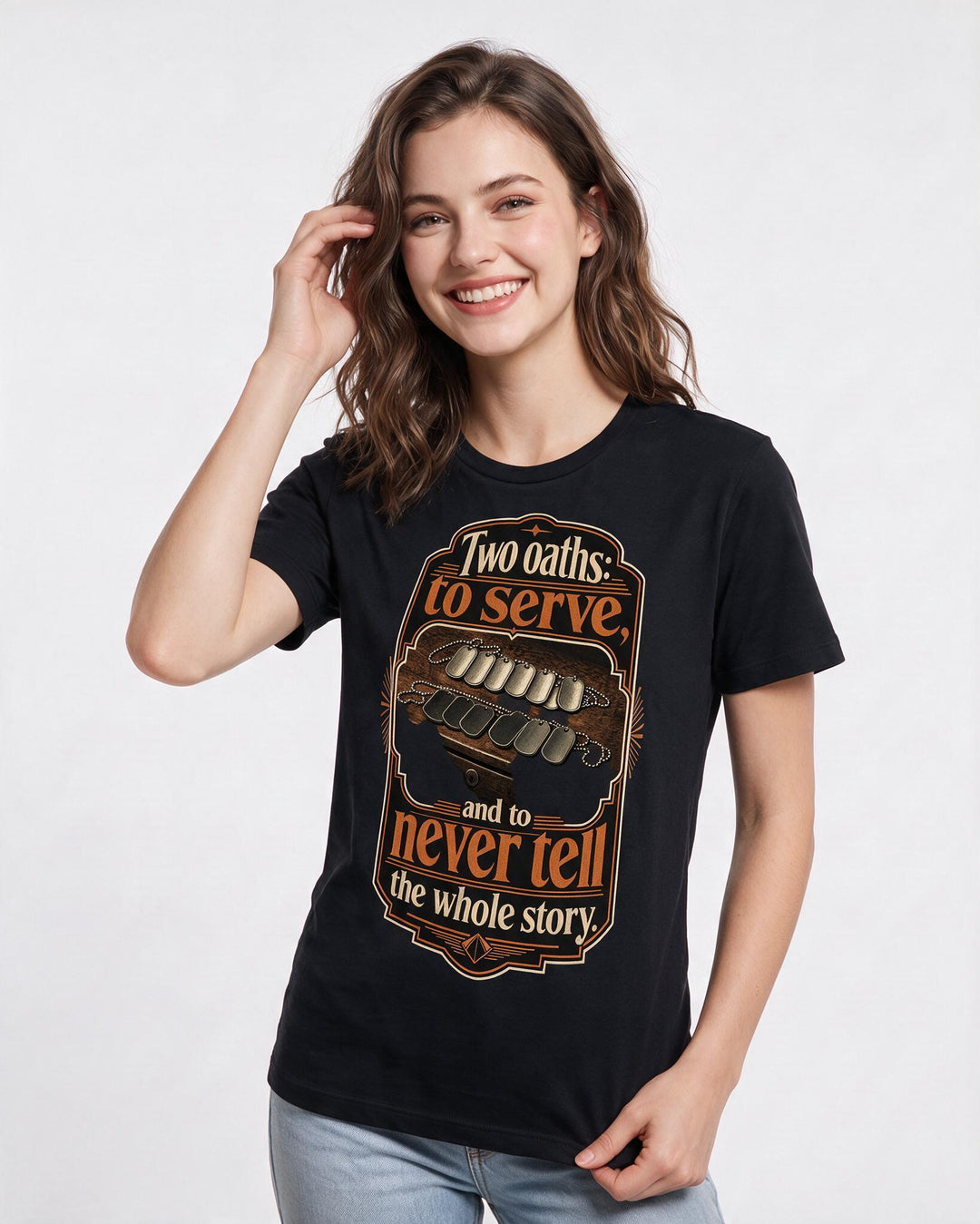 Veteran Women's Black T-Shirt – Two oaths: to serve, and to never tell product image 3