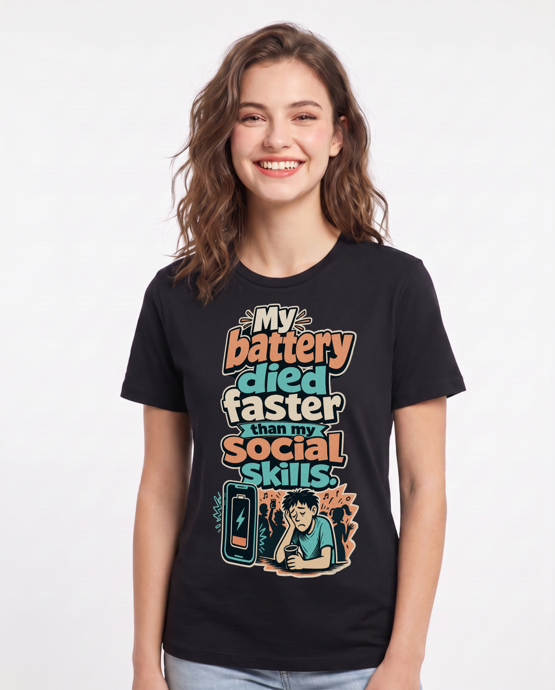 Funny Meme Women's Black T-Shirt – My battery died faster than my social product image 1