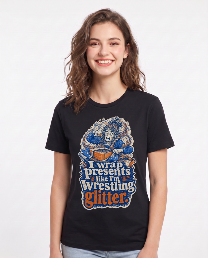 Funny Christmas Women's Black T-Shirt – I wrap presents like I'm wrestling glitter. product image 1