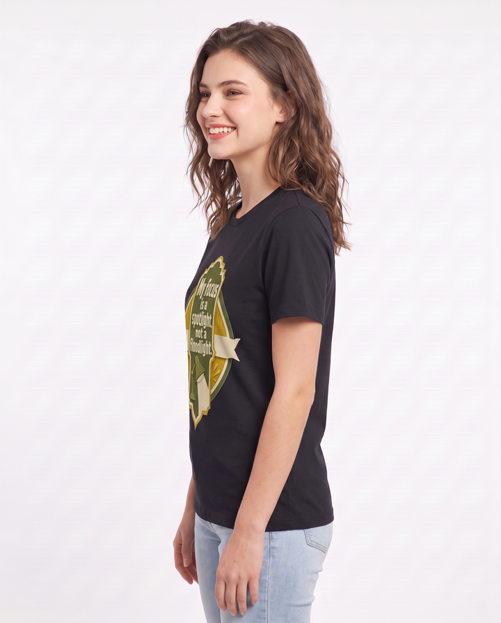 Graphic Women's Black T-Shirt - My focus is a spotlight, not a product image 2