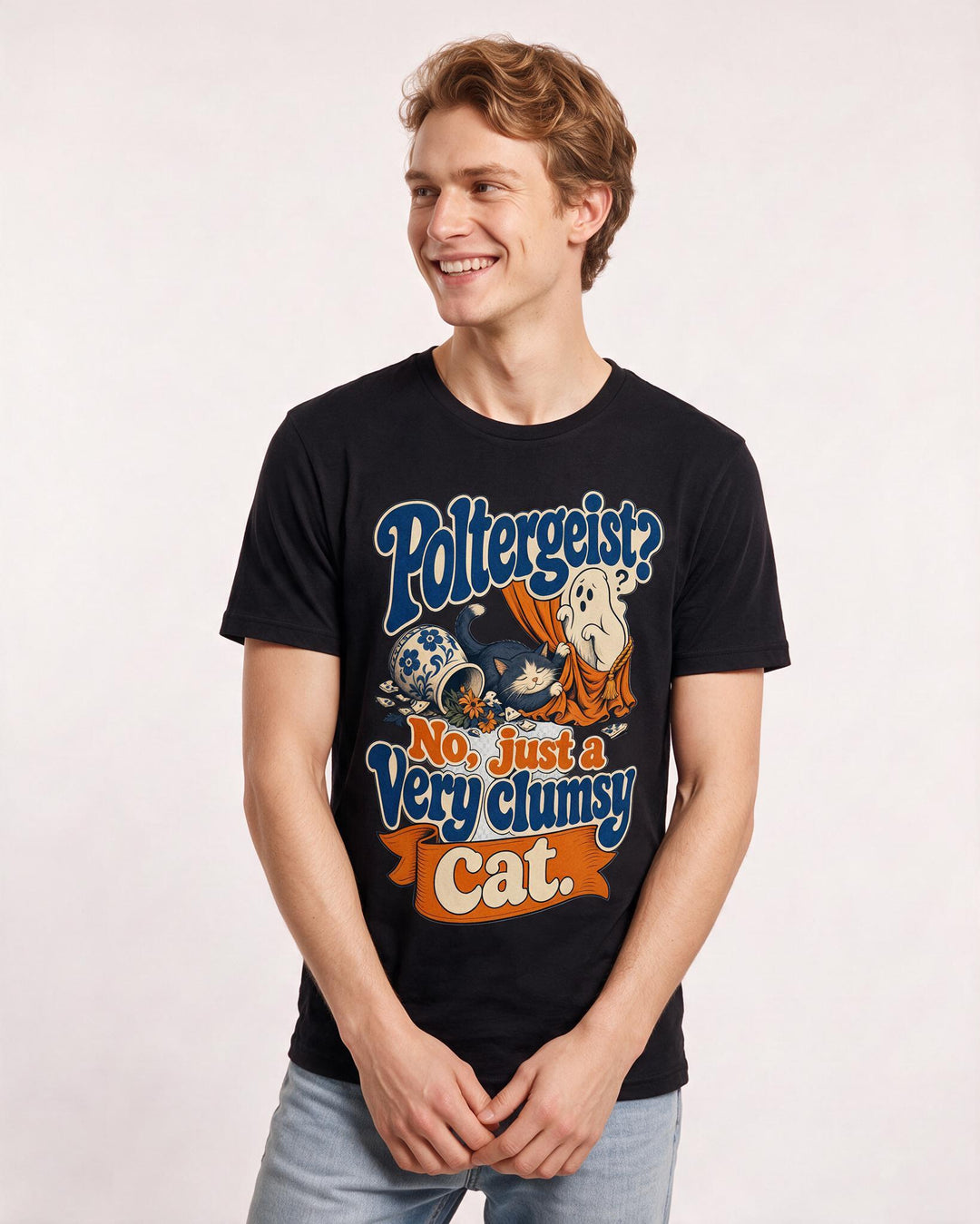 Funny Halloween Men's Black T-Shirt – Poltergeist? No, just a very clumsy cat. product image 3