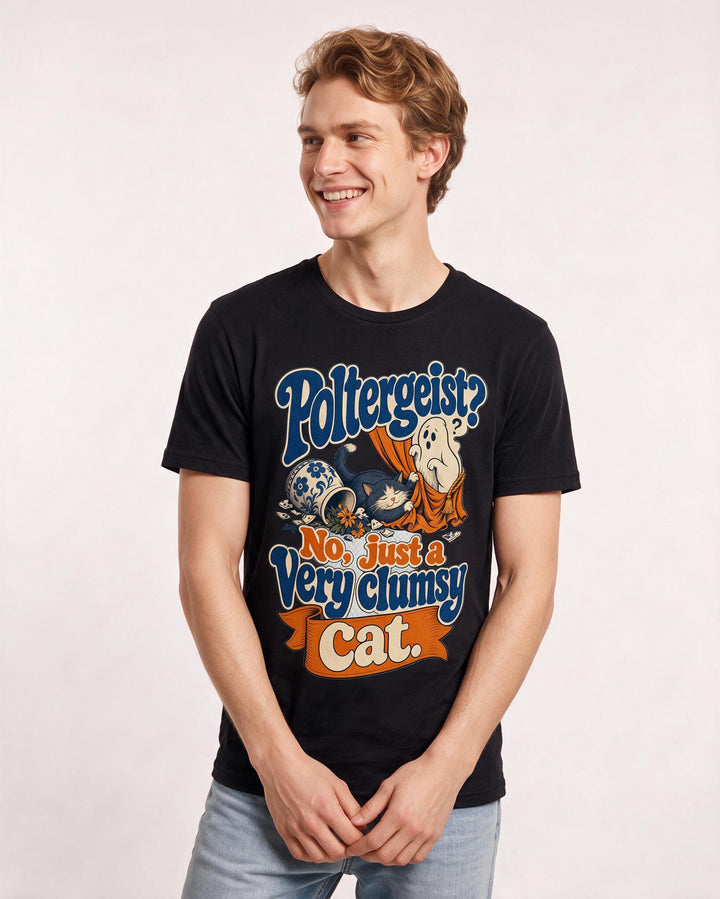 Funny Halloween Men's Black T-Shirt – Poltergeist? No, just a very clumsy cat. product image 3