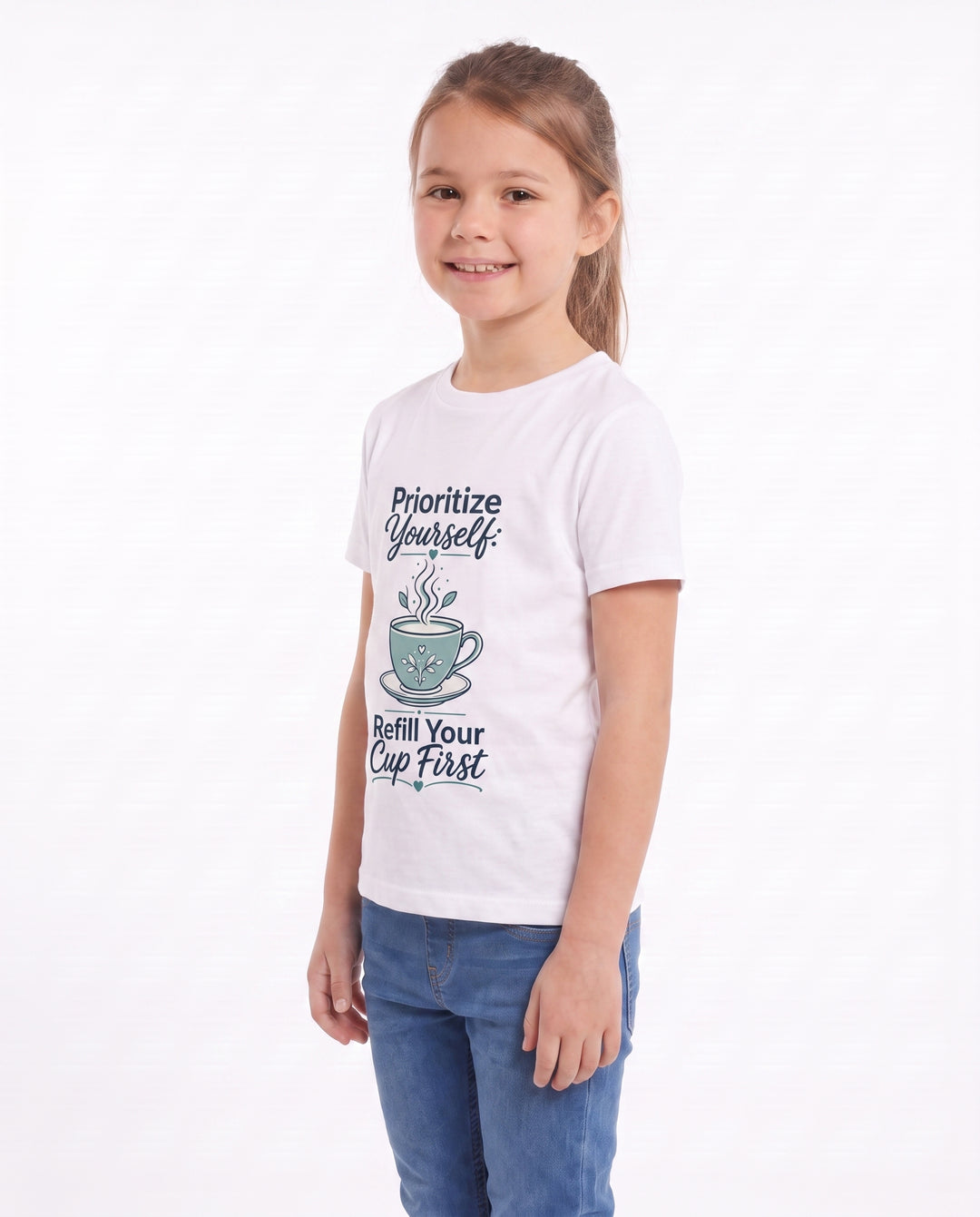 Prioritize Yourself: Refill Your Cup First White T-Shirt mockup 2