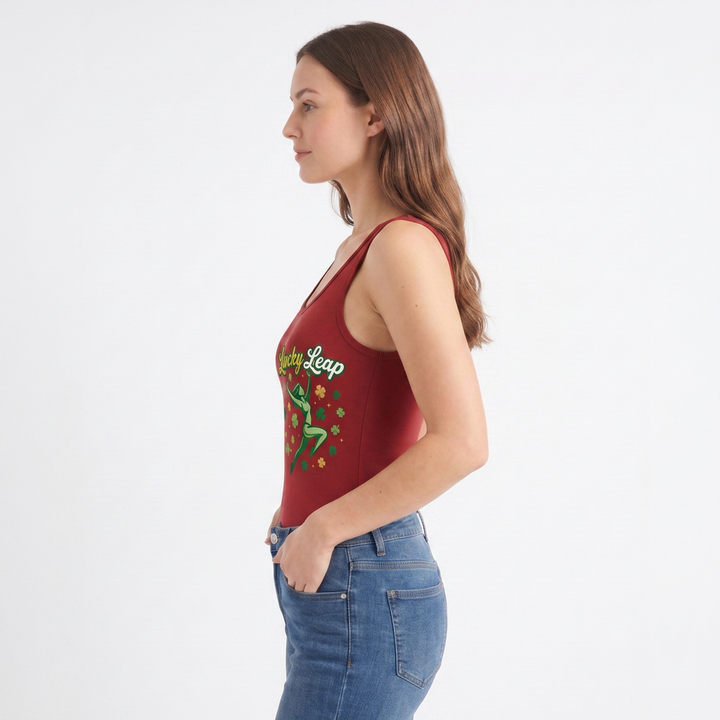 Lucky Leap Stylized Leap With Clovers Sleeveless Tank Bodysuit mockup 2