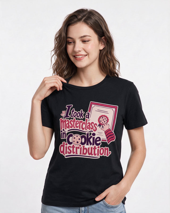 Family Women's Black T-Shirt – I took a masterclass in cookie distribution. product image 3