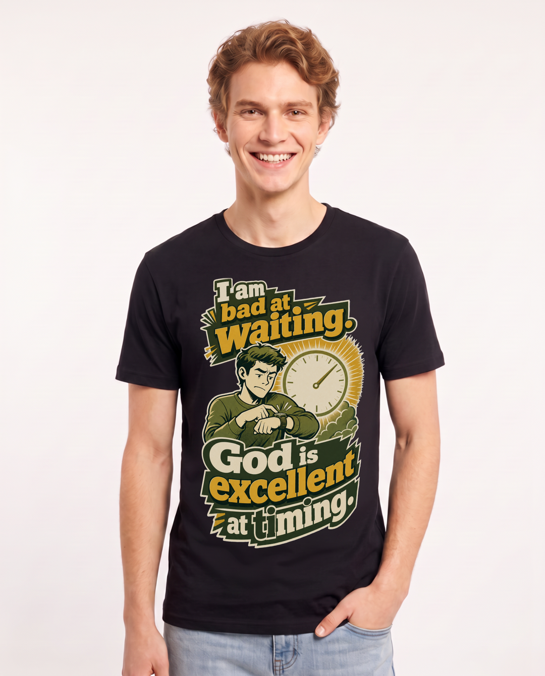 Christian Faith Men's Black T-Shirt – I am bad at waiting. God is excellent at timing. product image 1