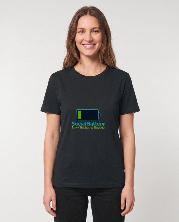 Social Battery: Low Recharge Needed! Black T-Shirt mockup 1