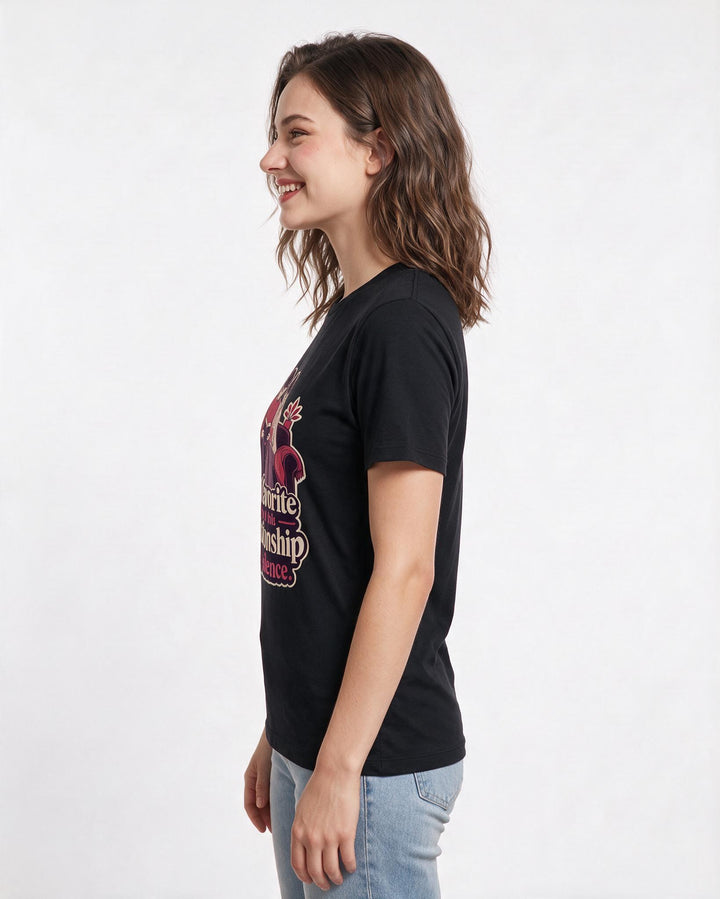 Couples Women's Black T-Shirt – My favorite part of this relationship is the silence. product image 2
