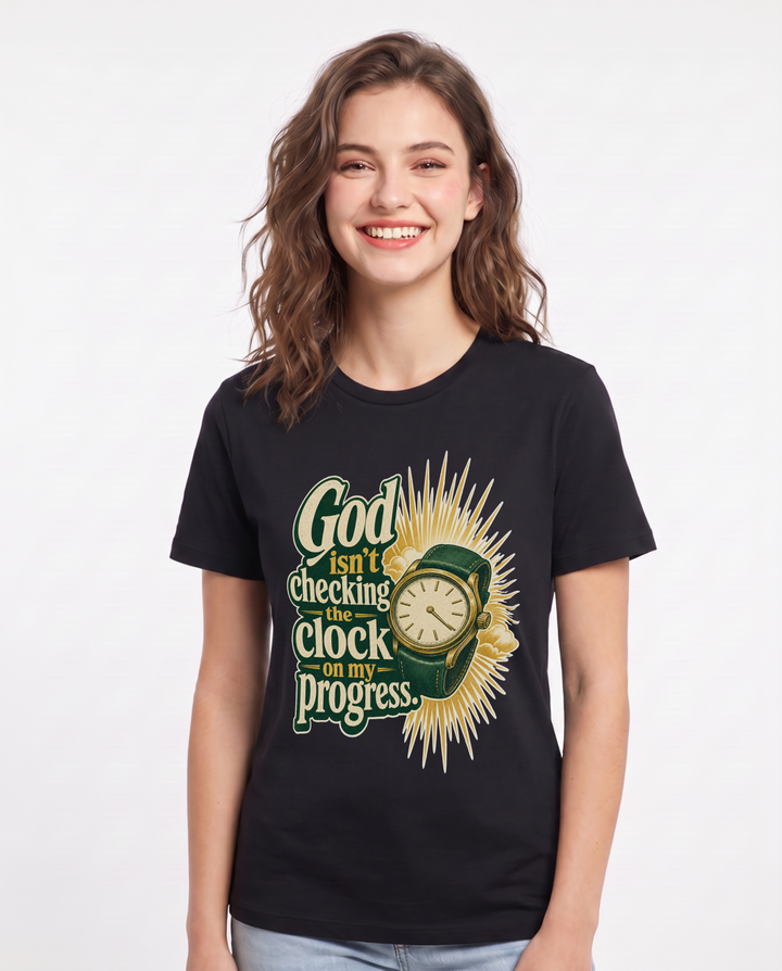 Christian Faith Women's Black T-Shirt – God isn't checking the clock on my progress. product image 1
