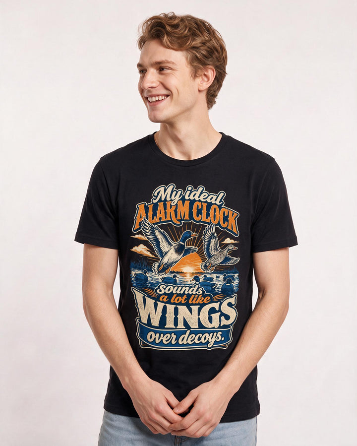 Hunting Men's Black T-Shirt – My ideal alarm clock sounds a lot like wings over decoys. product image 3
