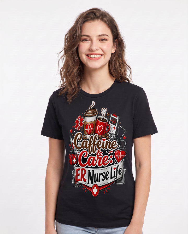 Caffeine & Care: ER Nurse Life Women's Black T-Shirt product image 2