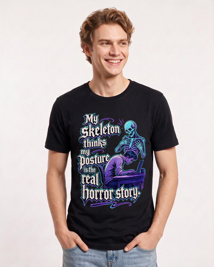 Funny Halloween Men's Black T-Shirt – My skeleton thinks my posture is the real horror story product image 3