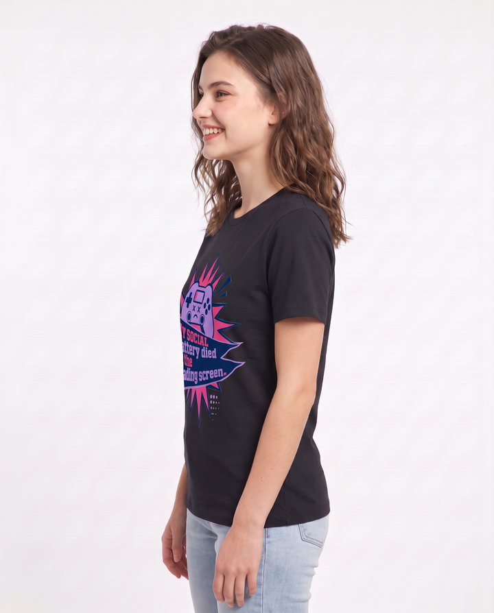 Gaming Women's Black T-Shirt - My social battery died at the loading product image 2