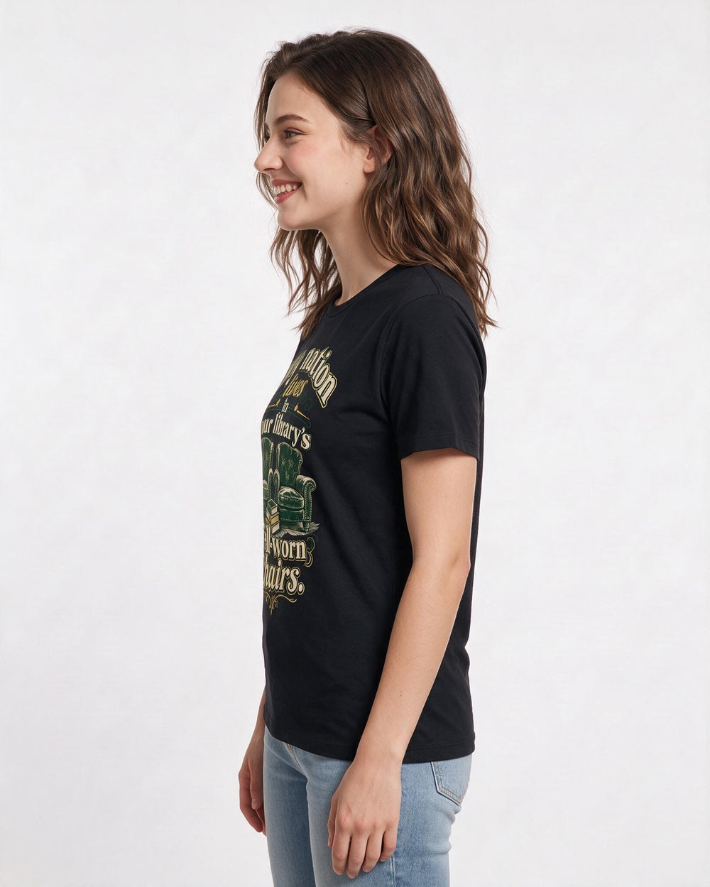 Patriotic Women's Black T-Shirt – My nation lives in our library's well-worn chairs product image 2