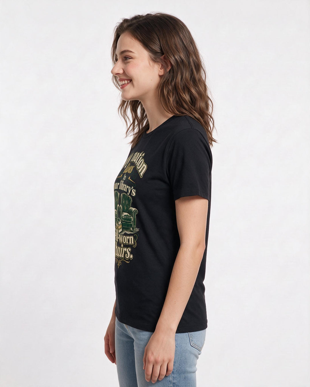 Patriotic Women's Black T-Shirt – My nation lives in our library's well-worn chairs product image 2