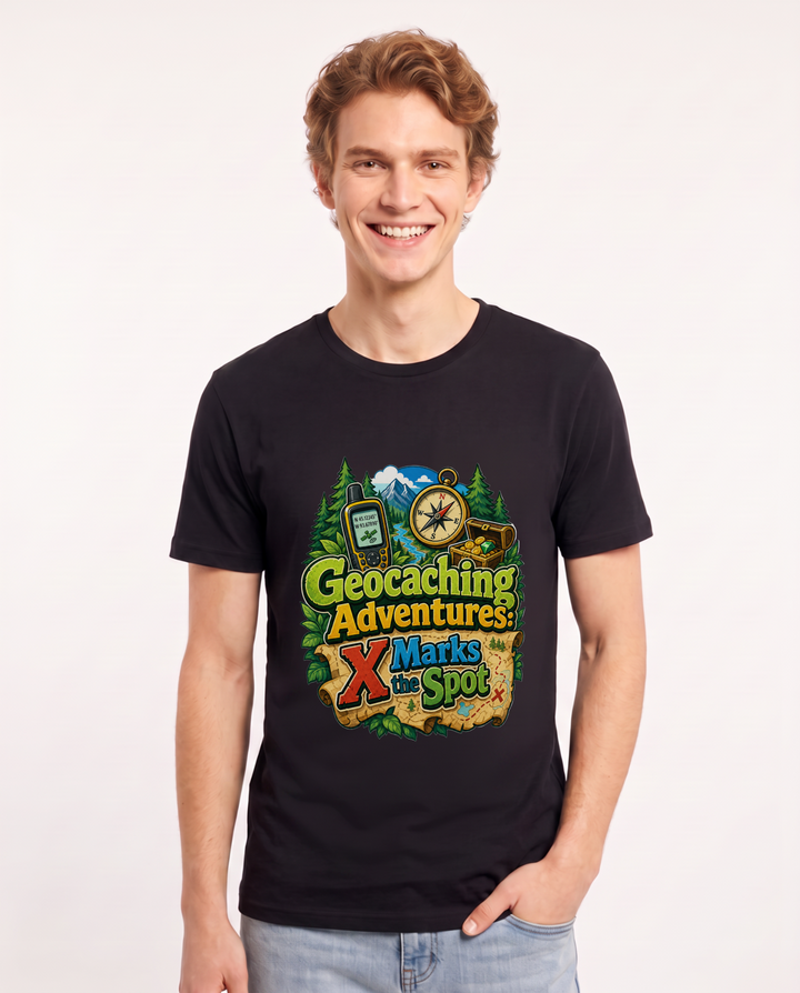 Geocaching Adventures: X Marks the Spot Men's Black T-Shirt product image 2