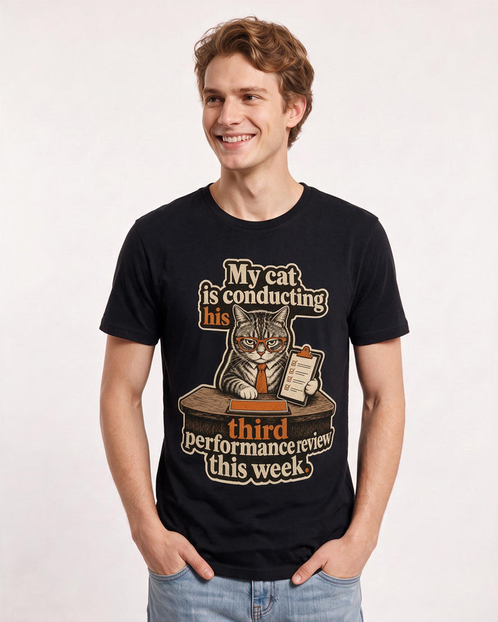 Funny Cat Lover Men's Black T-Shirt – My cat is conducting his third performance review this week. product image 3