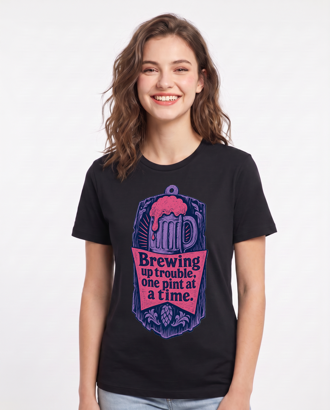 Funny Beer Women's Black T-Shirt - Brewing up trouble, one pint at a product image 1