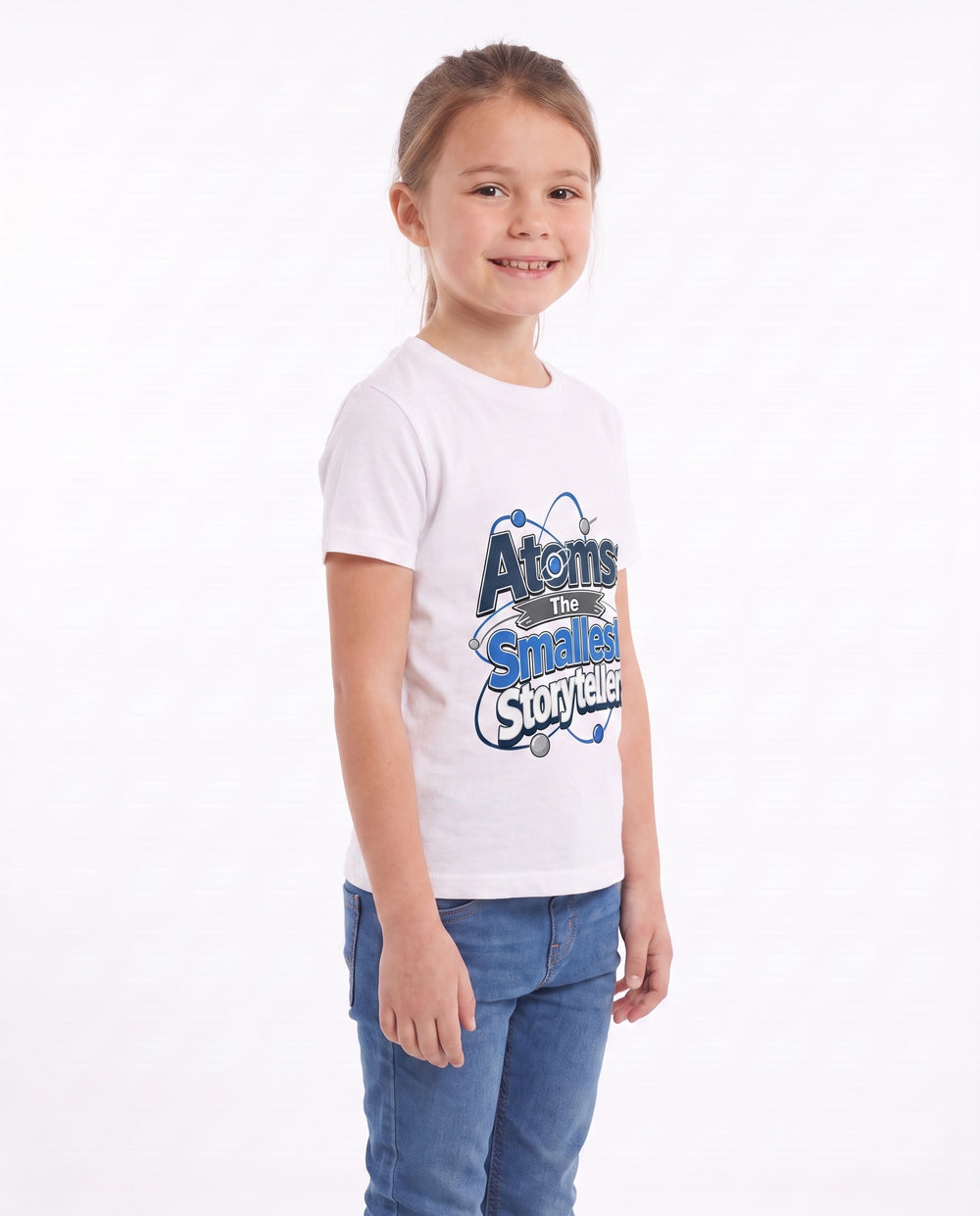 Atoms: The Smallest Storytellers White T-Shirt mockup 2