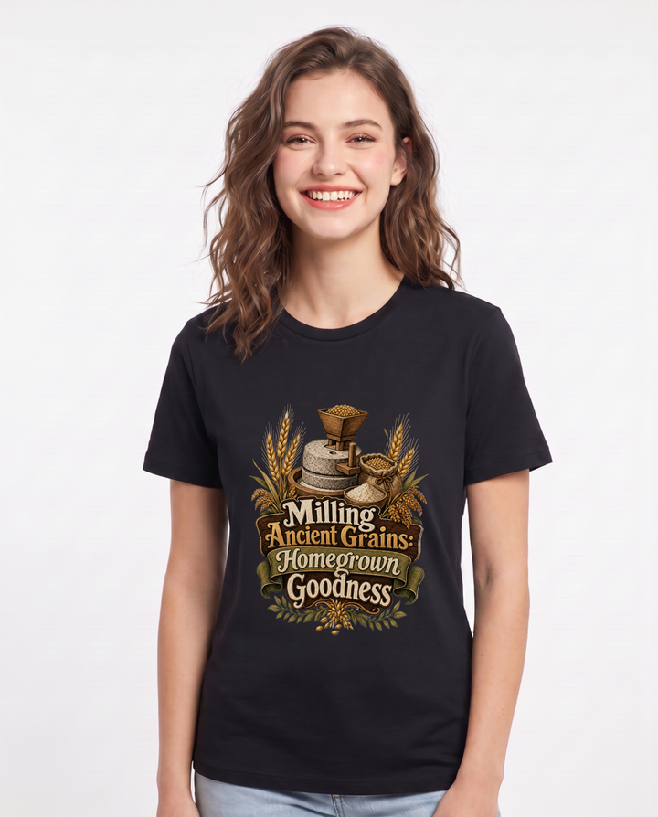 Milling Ancient Grains: Homegrown Goodness Women's Black T-Shirt product image 2