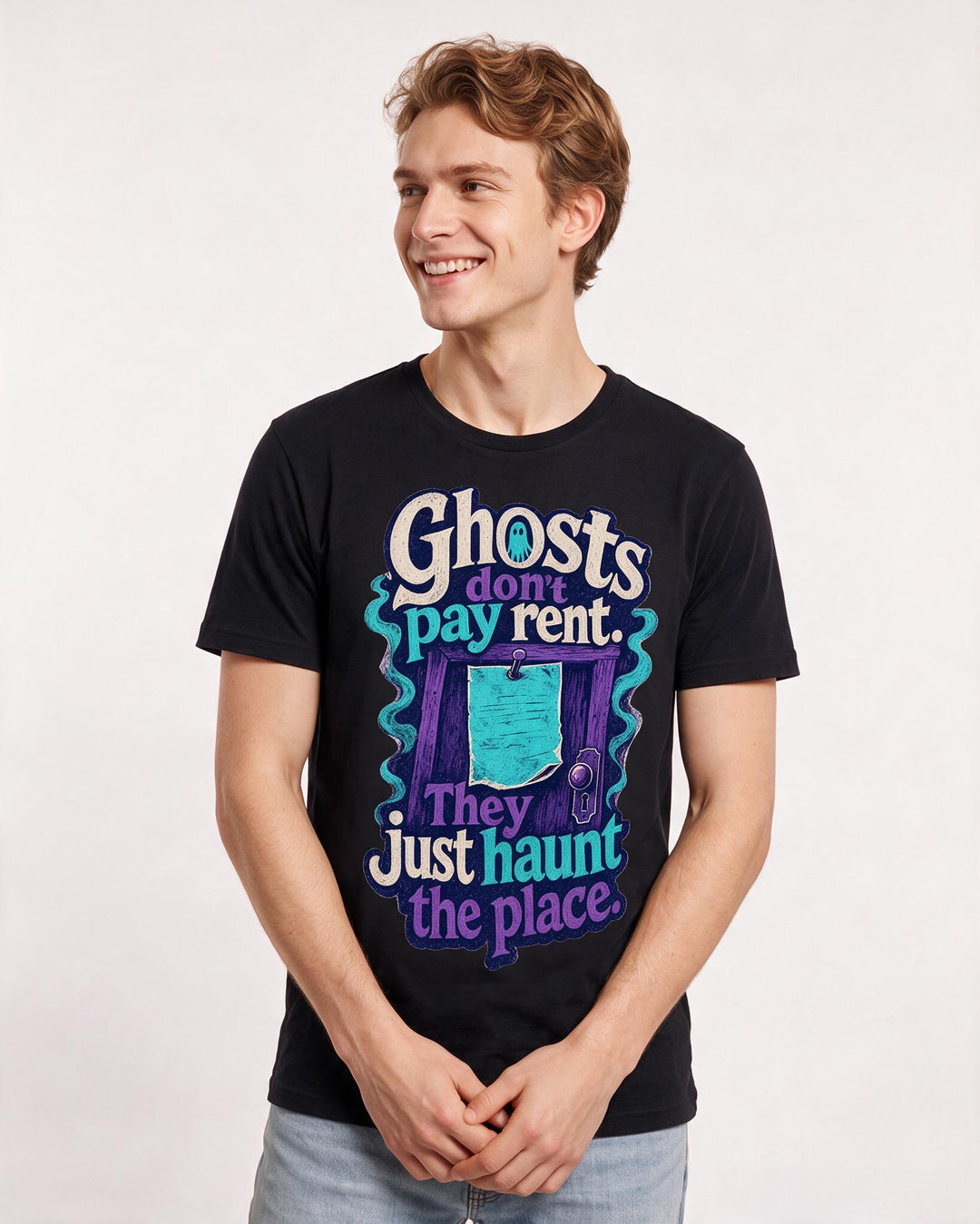 Halloween Men's Black T-Shirt – Ghosts don't pay rent. They just haunt the place. product image 3