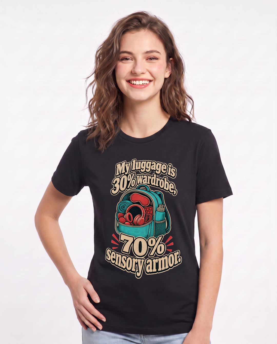My luggage is 30% wardrobe, 70% sensory armor. Women's Black T-Shirt product image 1