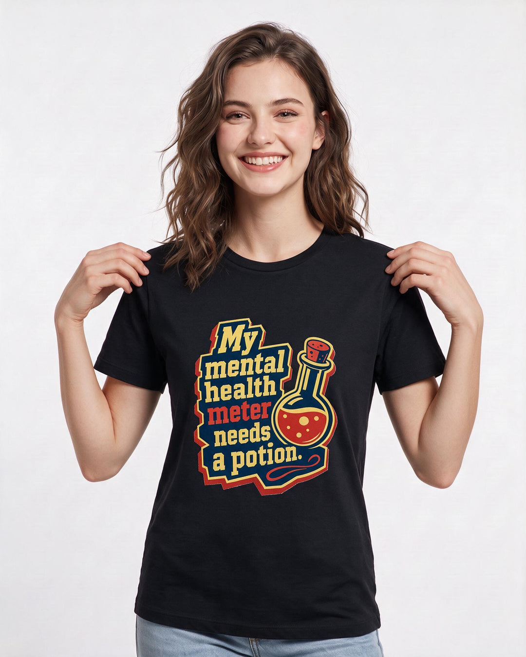 Gaming Women's Black T-Shirt - My mental health meter needs a potion. product image 3