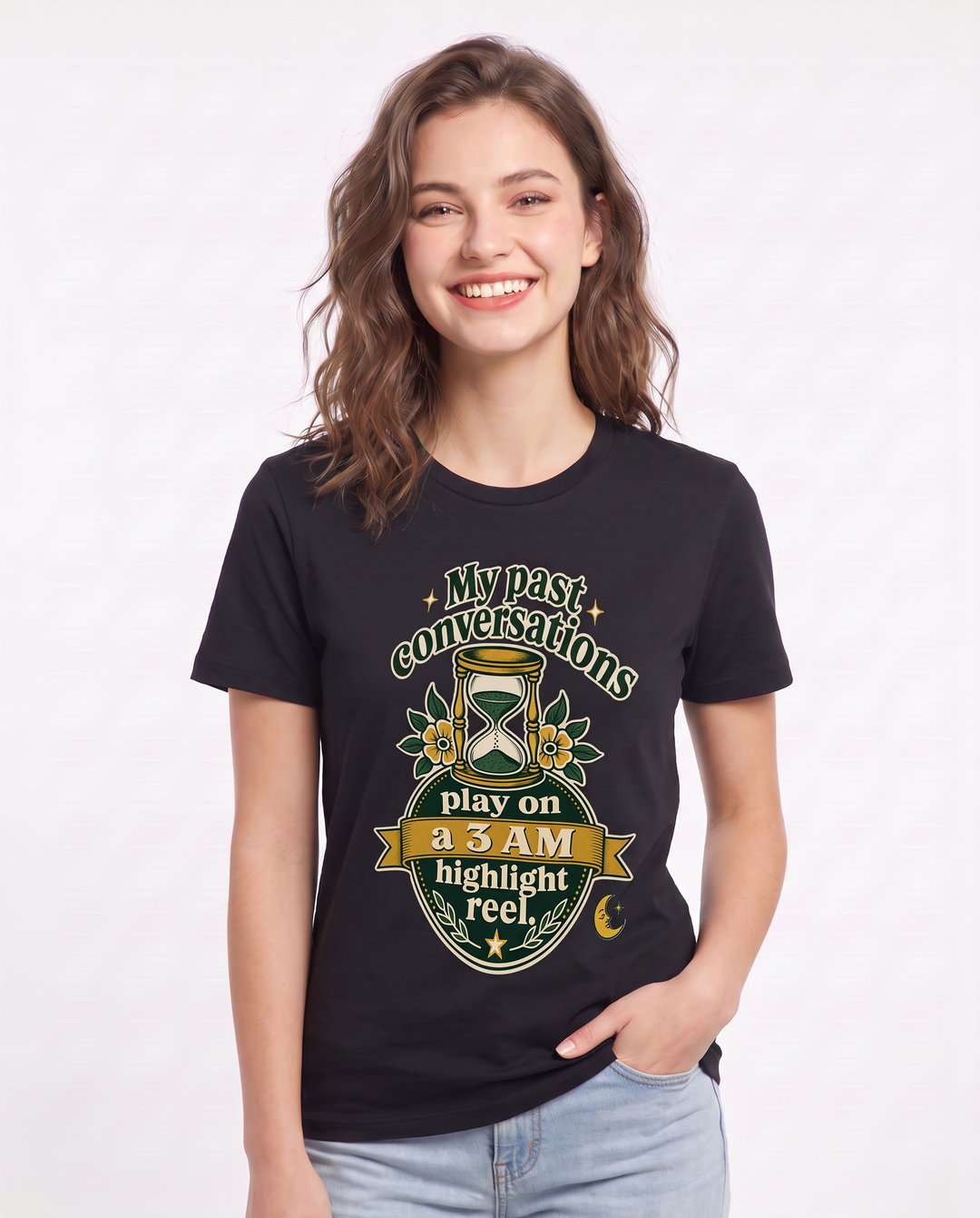 Graphic Women's Black T-Shirt - My past conversations play on a 3 AM product image 3