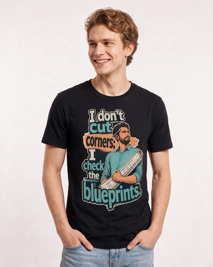 Neurodiversity Men's Black T-Shirt – I don't cut corners; I check the blueprints. product image 3