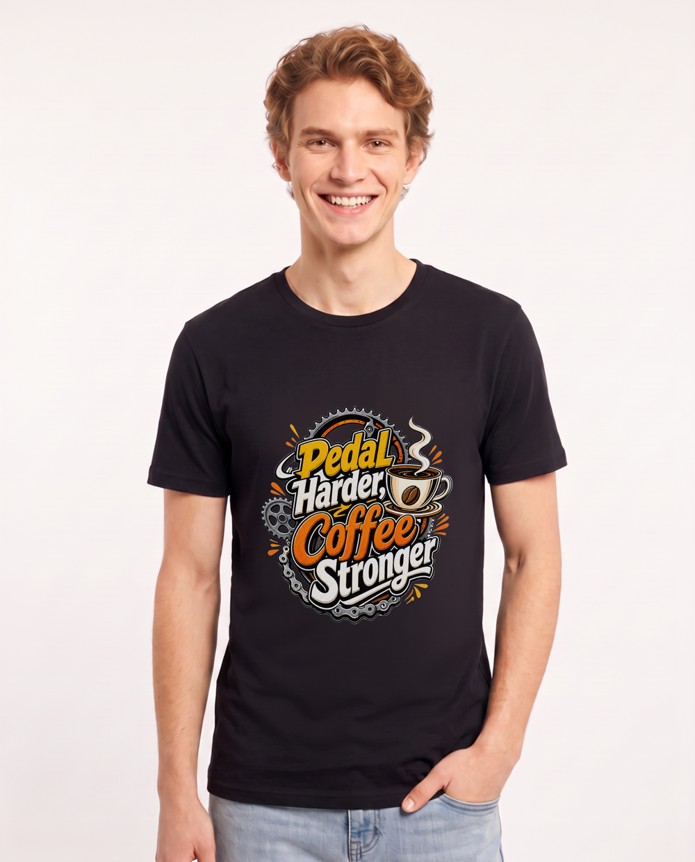 Pedal Harder, Coffee Stronger Men's Black T-Shirt product image 2