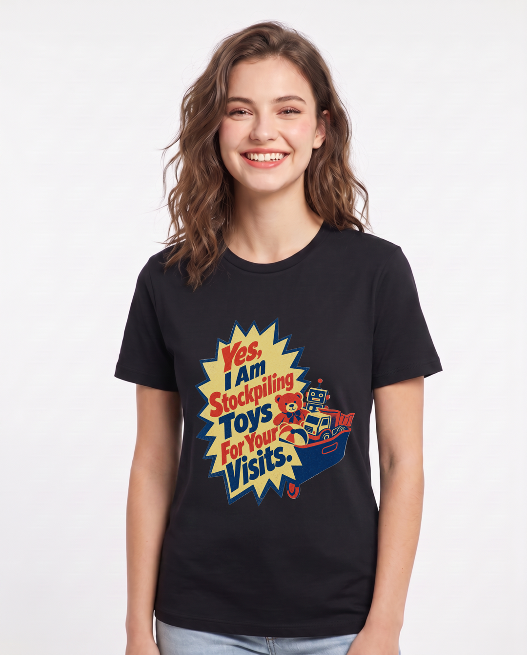 Graphic Women's Black T-Shirt - Yes, I Am Stockpiling Toys For Your product image 1