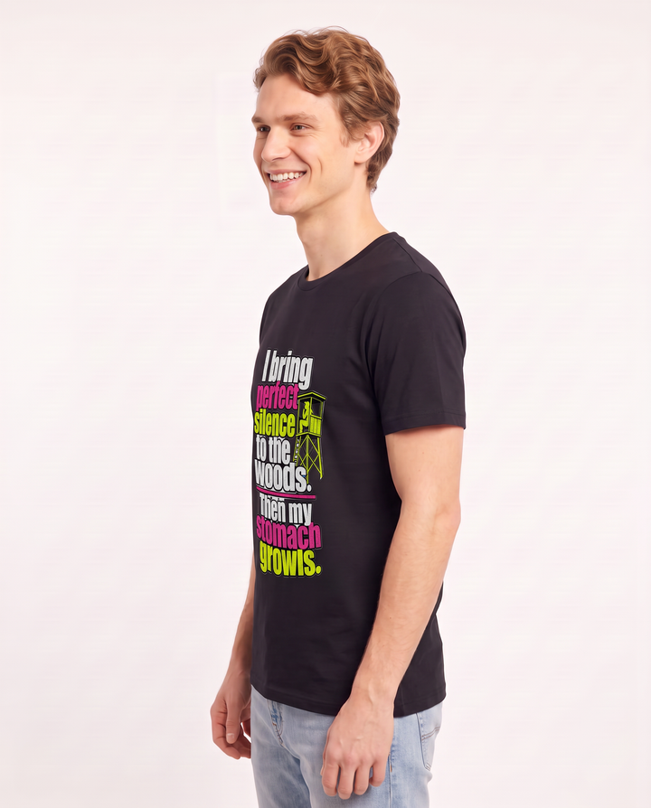 I bring perfect silence to the woods. Then my stomach growls. Men's Black T-Shirt product image 3