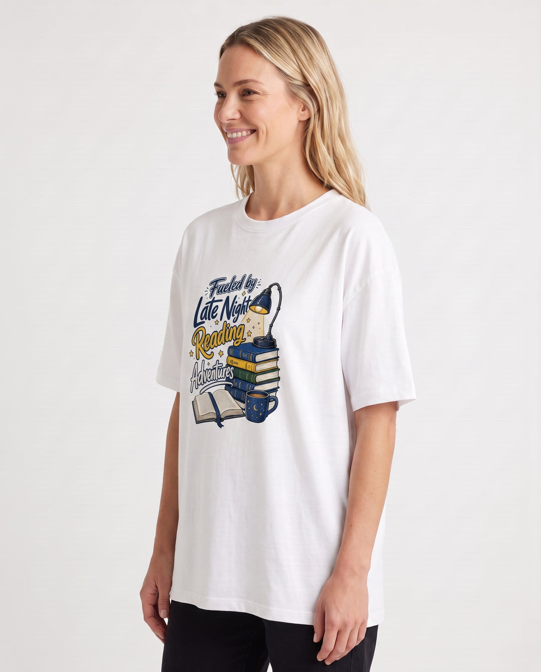 Fueled By Late Night Reading Adventures White T-Shirt mockup 2