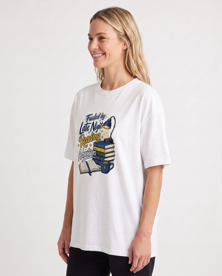 Fueled By Late Night Reading Adventures White T-Shirt mockup 2