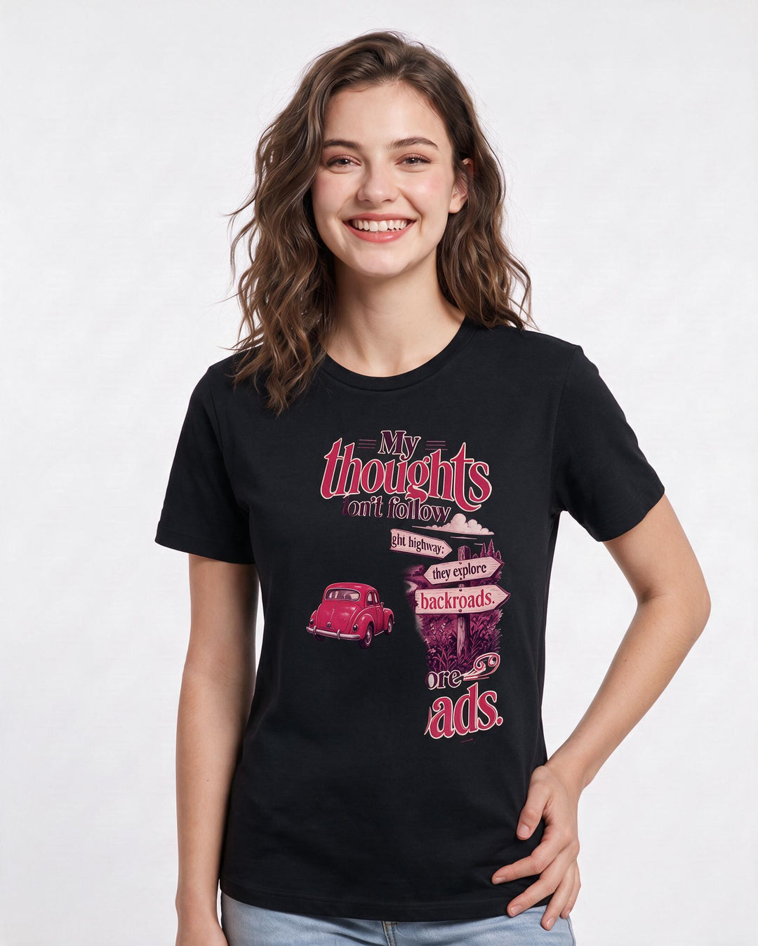Neurodiversity Women's Black T-Shirt – My thoughts don't follow a straight highway; they explore backroads product image 3