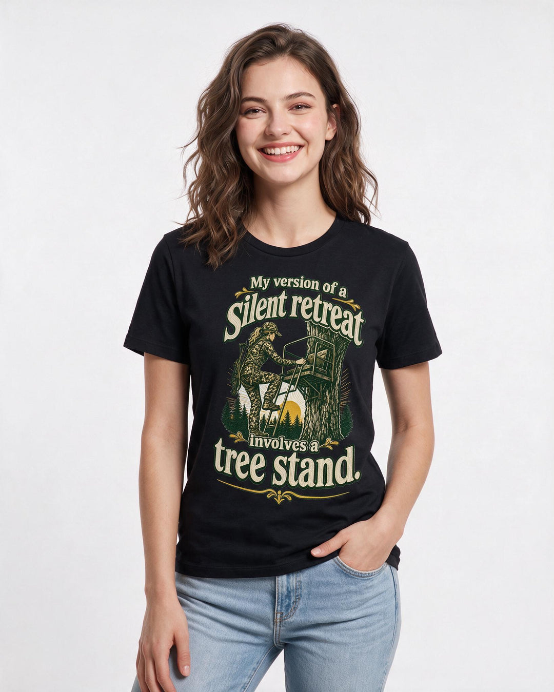 Hunting Women's Black T-Shirt – My version of a silent retreat product image 3