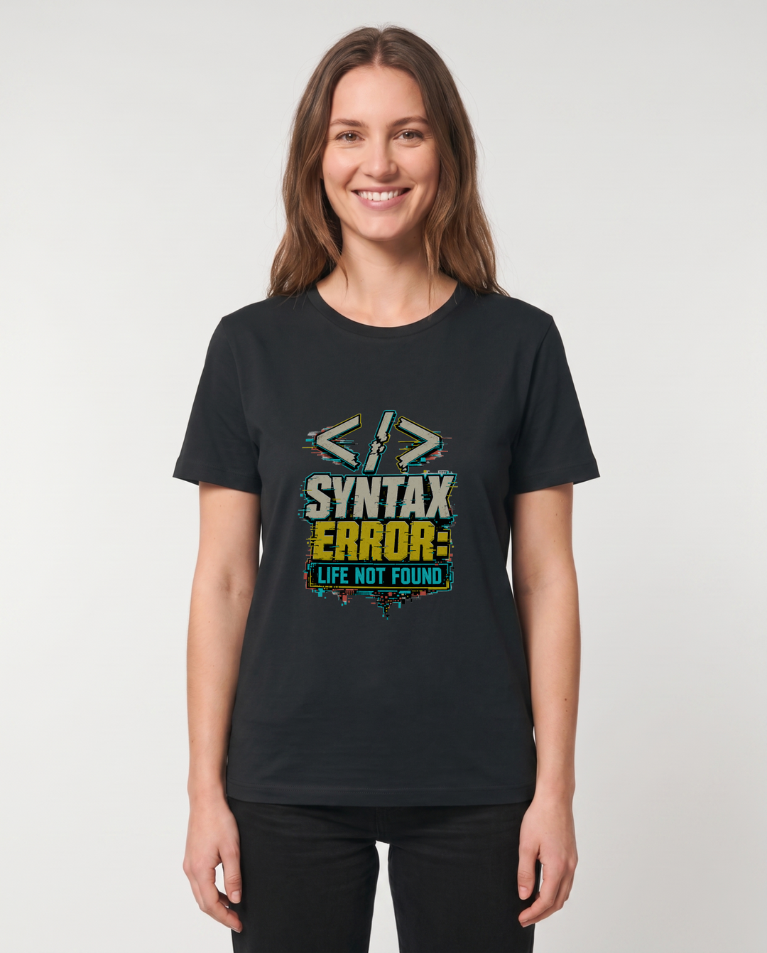 Syntax Error: Life Not Found Black T-Shirt mockup 1