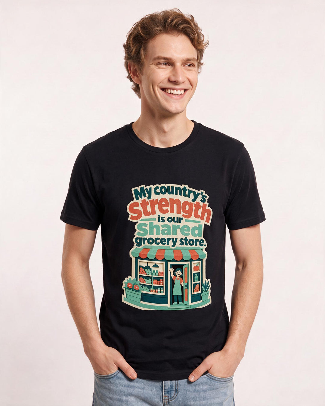 Patriotic Men's Black T-Shirt – My country's strength is our shared grocery store. product image 3