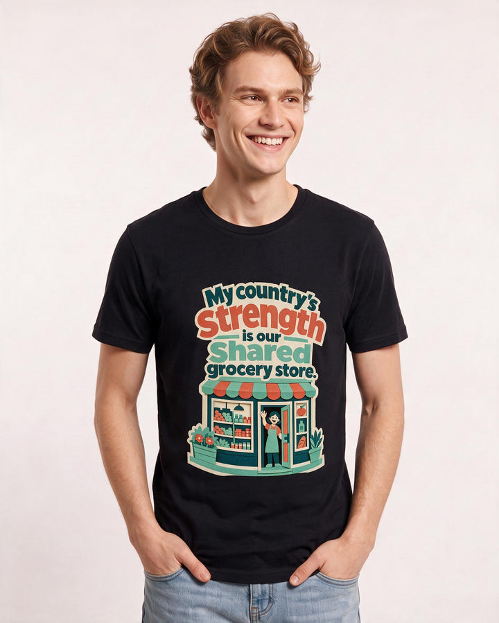 Patriotic Men's Black T-Shirt – My country's strength is our shared grocery store. product image 3