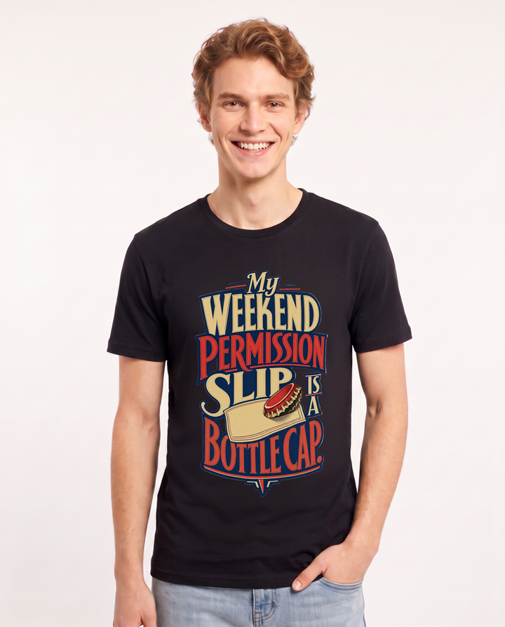 Beer Men's Black T-Shirt – My weekend permission slip is a bottle cap. product image 1