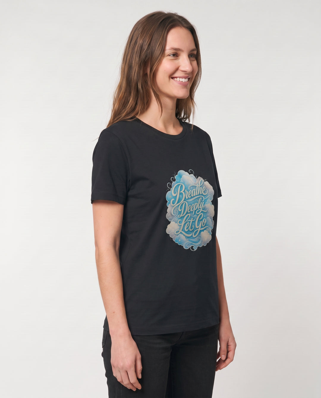 Breathe Deeply, Let Go Black T-Shirt mockup 2