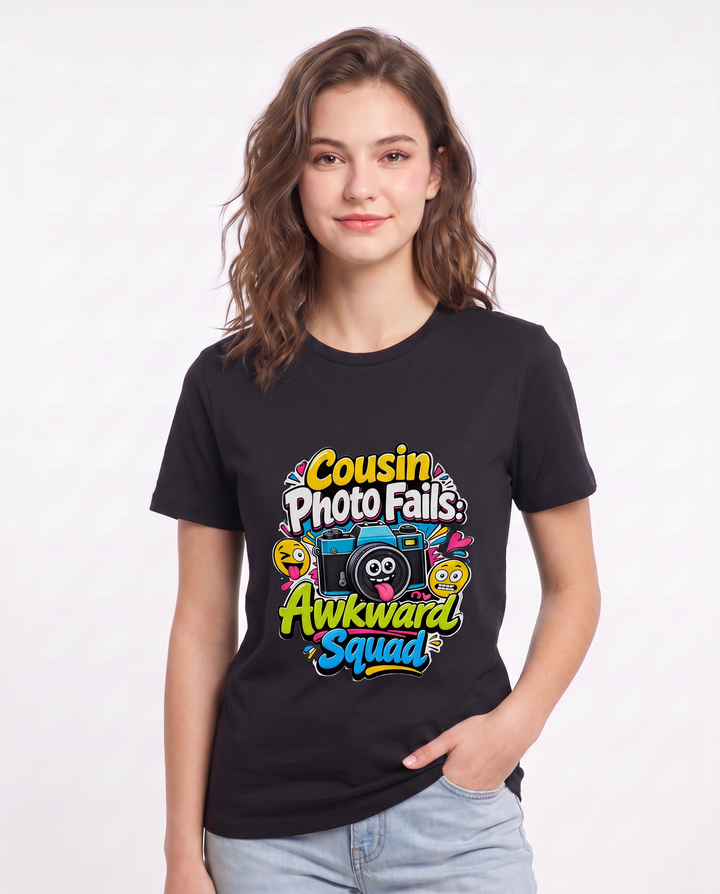 Cousin Photo Fails: Awkward Squad Women's Black T-Shirt product image 1