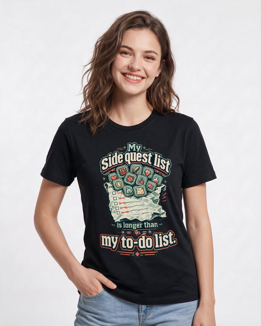 Gaming Women's Black T-Shirt – My side quest list is longer than my to-do list. product image 3