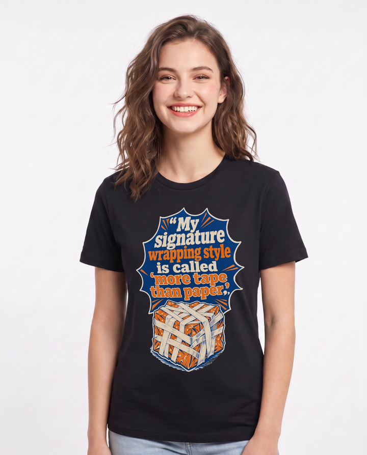 Christmas Women's Black T-Shirt – My signature wrapping style is called 'more tape than paper' product image 1