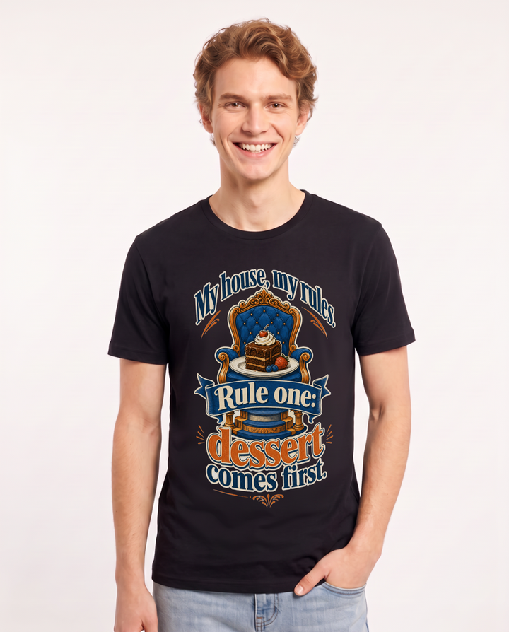 Funny Family Men's Black T-Shirt – My house, my rules. Rule one: dessert comes first. product image 1