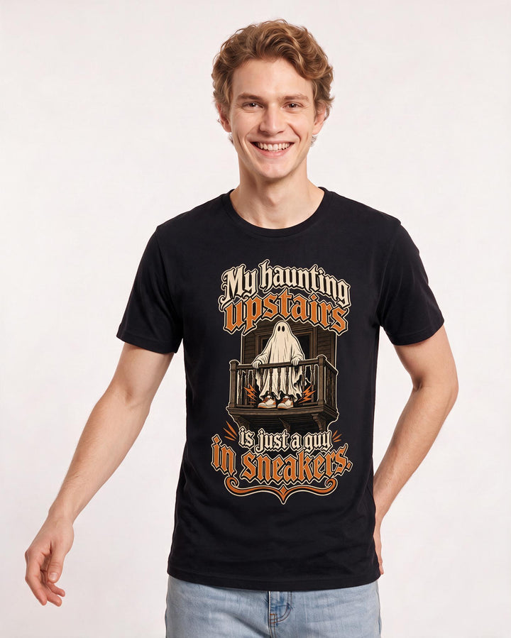 Funny Halloween Men's Black T-Shirt – My haunting upstairs is just a guy in sneakers. product image 3