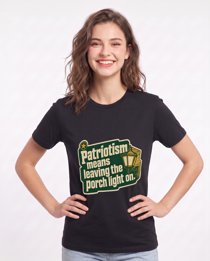 Graphic Women's Black T-Shirt - Patriotism means leaving the porch product image 3