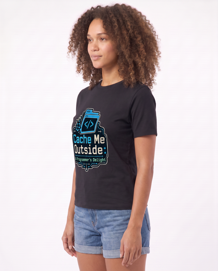 Cache Me Outside: A Programmer's Delight Black T-Shirt mockup 2