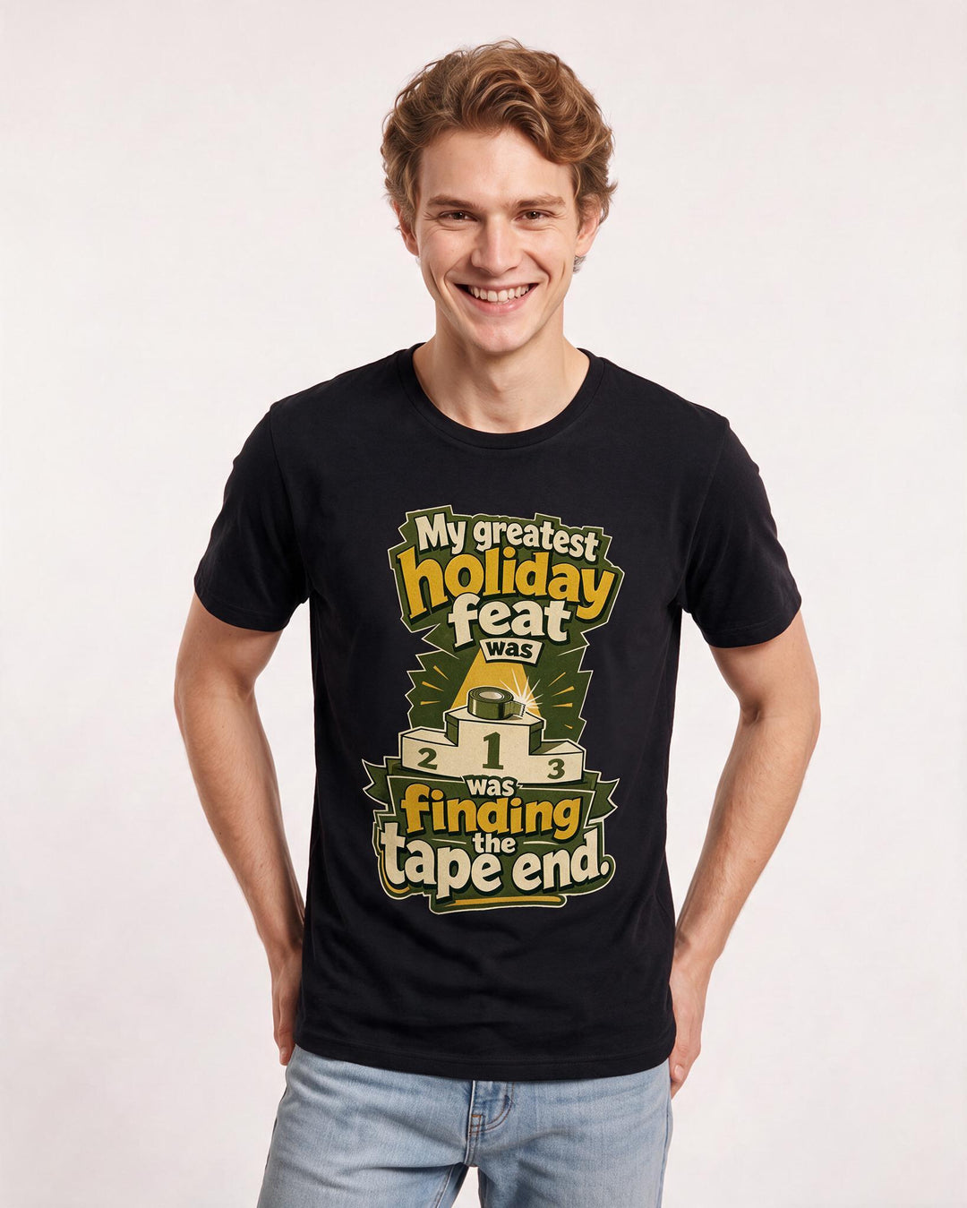 Funny Christmas Men's Black T-Shirt – My greatest holiday feat was finding the tape end. product image 3